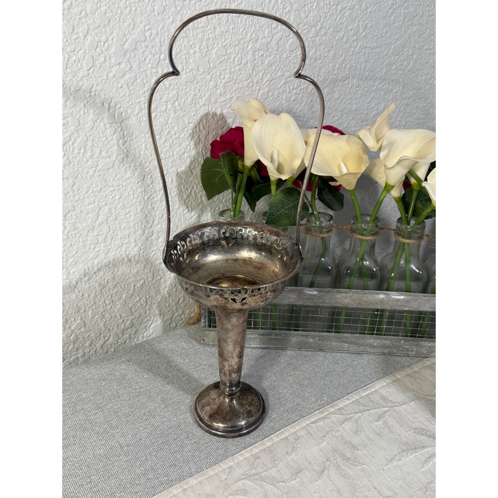 Vintage KM&S EPNS Silver Plated Pedestal Basket Compote Swing Handle 15"